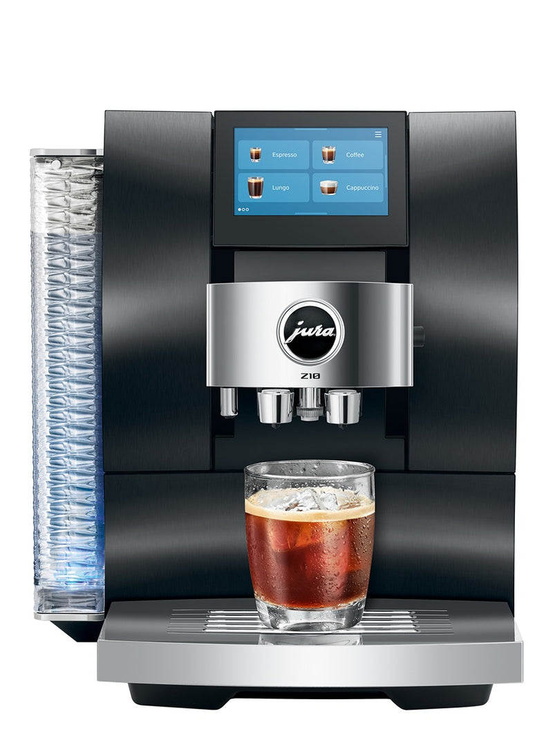 Jura Z10 Gen 2 in Aluminum Black, front view with iced coffee