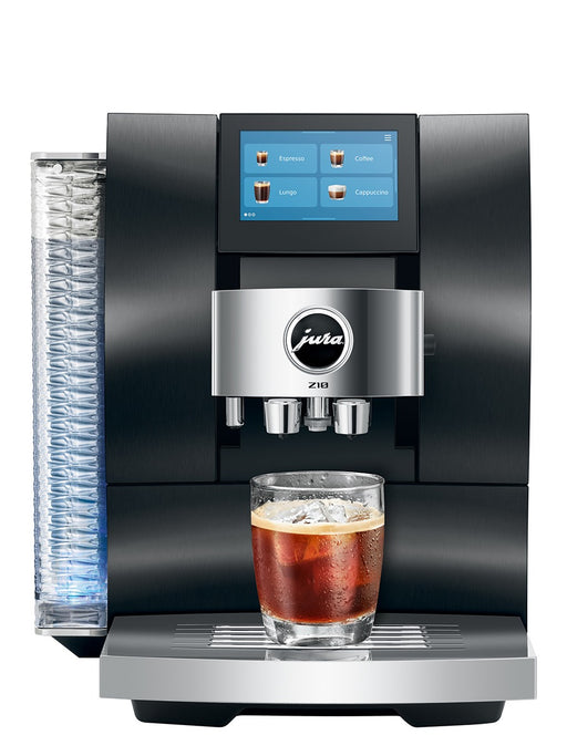 Jura Z10 Gen 2 in Aluminum Black, front view with iced coffee