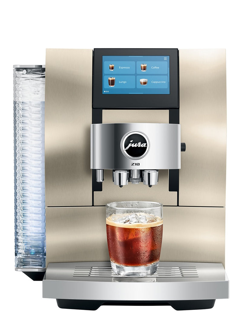 Jura Z10 Gen 2 in Aluminum Champagne, front view with iced coffee