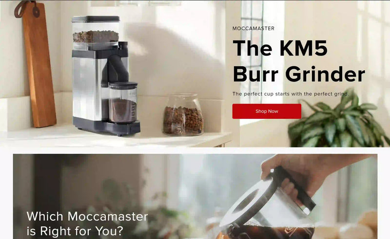 Moccamaster KM5 Burr Grinder with a direct-drive motor and static-reducing spout, featuring a stepless knob for precise grind adjustments.