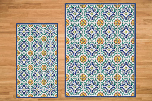 Etú HOME | Positano B Italian Vinyl Rug featuring intricate blue, green, yellow, and white patterns, ideal for enhancing kitchen or entryway aesthetics with Italian flair.