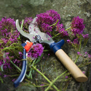 Opinel | Gardening Hand Pruners - Green with wooden handle and stainless steel blade, shown next to purple flowers, ideal for trimming plants.