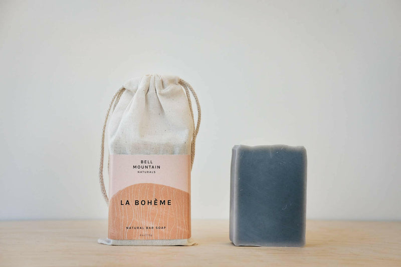 Bell Mountain | Bar Soaps - Solstice: A bag of soap alongside a bar, highlighting natural, vegan ingredients for a refreshing, eco-friendly cleanse.
