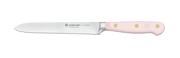 Wüsthof | Classic 5 Serrated Utility - Velvet Oyster, featuring a pink handle and serrated blade, ideal for slicing bread, fruits, and vegetables.