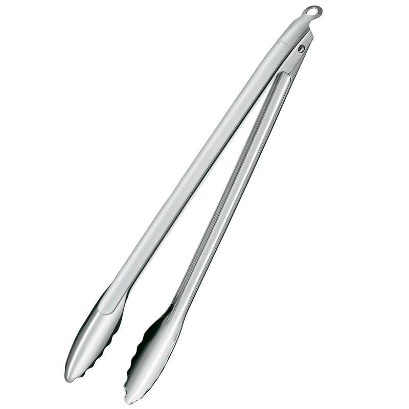 Rösle | Locking Tongs - 12 in with ergonomic design and patented one-hand coupling mechanism for safe handling and space-saving storage. Made of 18-10 stainless steel, dishwasher safe.