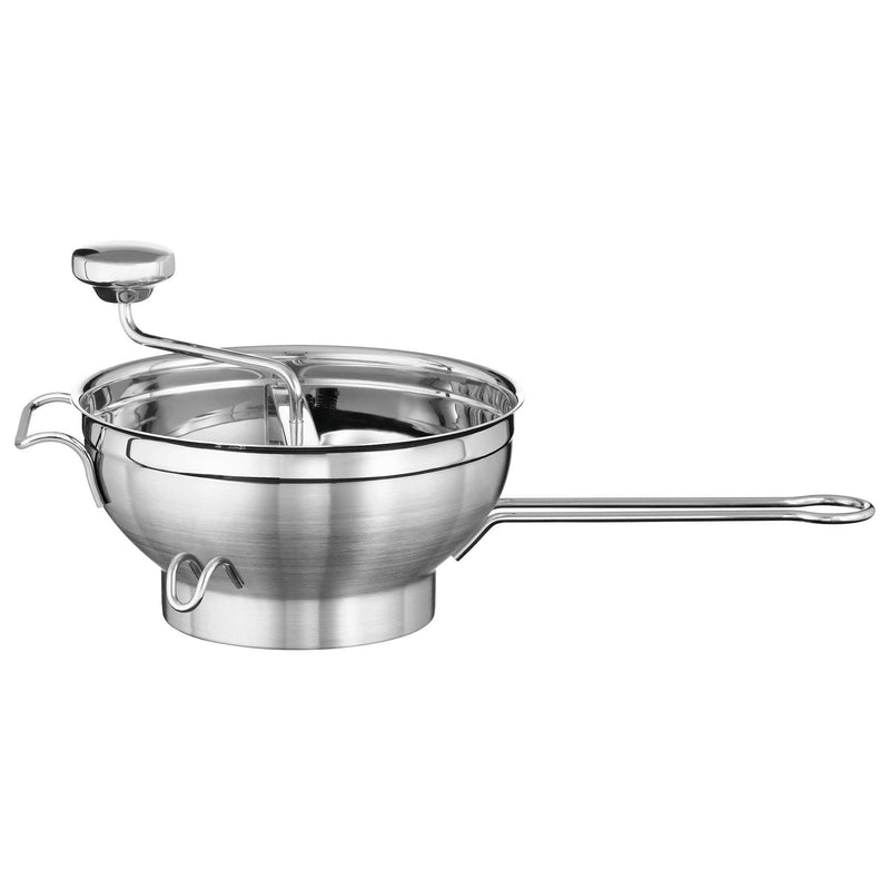 Rösle Passetout Food Mill with sturdy stainless steel, three rests for stability, supplementary handle, and two sieve disks for precise milling; dishwasher safe.