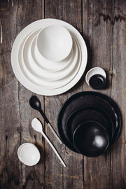 Looks Like White | Scandi Cereal Bowl in a minimalist ceramic set on rustic wood, showcasing hand-painted, organic forms by artist Trudy Crane.