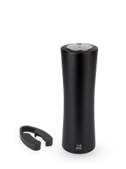 Peugeot | Elis Reverse Rechargeable Electric Corkscrew - Black, showcases a matte black electric spice mill with a ring collar, highlighting its sleek, modern design.