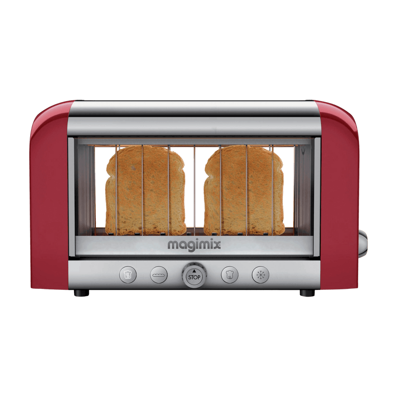 Magimix Vision Toaster - Red with see-through glass sides, eight browning levels, and versatile settings for perfect toasting, ideal for Athens Cooks' kitchen enthusiasts.
