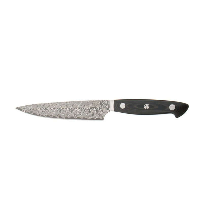 Zwilling | Kramer Damascus Knife Collection - 12 Double Cut Honing Steel, showcasing a wide blade with Chevron Damascus pattern and a black linen Micarta handle.
