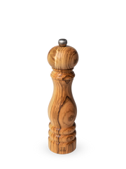 Peugeot Paris Classic Olive Wood Salt Mill, 9 inches, featuring a turned wood design with an adjustment knob, crafted for optimal seasoning with a premium grinding mechanism.