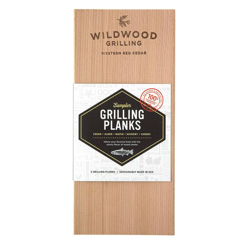 Wildwood Grilling | 5 Flavor Grilling Plank Sampler Pack - Medium, featuring a black diamond label with a fish logo on a wooden surface.