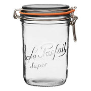 Le Parfait Super Jars - 1L with hinged metal clamp lid and orange rubber seal, ideal for preserving, pickling, and eco-friendly storage; embossed “Le Parfait Super” on front.