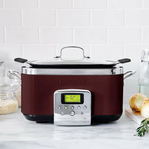 GreenPan 6 Quart Slow Cooker - Graphite featuring Thermolon™ Volt nonstick coating, ideal for searing and slow-cooking, aligning with Athens Cooks' quality kitchen tools.