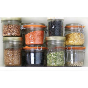 Le Parfait Super Jars - 1L displayed on a shelf, each filled with dried legumes, showcasing airtight storage for preserving and organizing kitchen essentials.