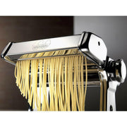 Marcato | Atlas 150 Pasta Maker (Ice) displaying freshly made pasta strands on a machine, highlighting its manual rolling and cutting capabilities for homemade Italian pasta.