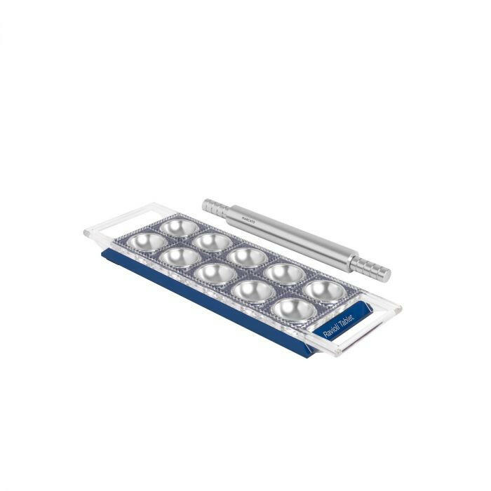 Marcato Ravioli Tablet Pasta Makers tool for crafting 2-inch ravioli, featuring a non-skid base for stability and ease in cutting and sealing.