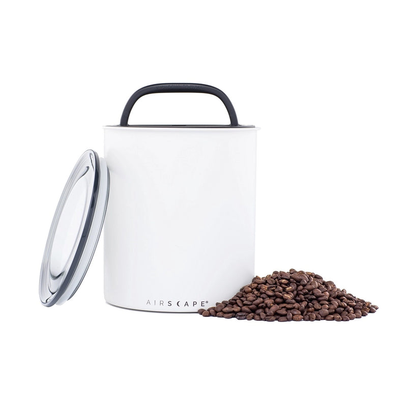 Planetary Design | Airscape | Classic and Kilo Stainless Steel Canisters - Chalk - Matte White - Large, shown with a pile of coffee beans, preserving freshness.