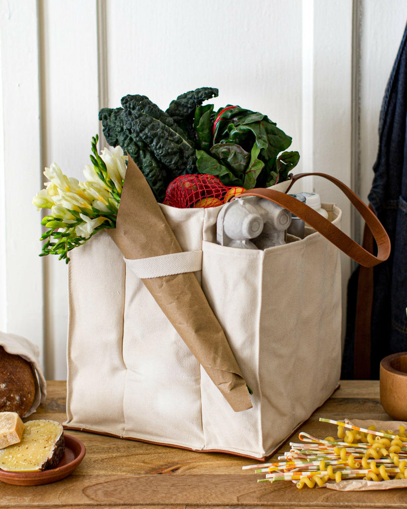 CapaBunga | Market Tote - Blue + Mustard, features compartments for fragile items and cinching straps, ideal for secure grocery transport from Athens Cooks.