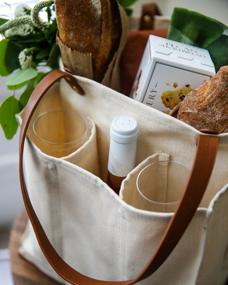 CapaBunga | Market Tote - Blue + Mustard, featuring compartments for fragile groceries, seen holding a loaf in a brown paper bag on a table.