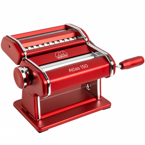 Marcato Atlas 150 Pasta Maker, a red machine with a handle, ideal for crafting homemade Italian pasta. Perfect for lasagne, fettuccine, and tagliolini.