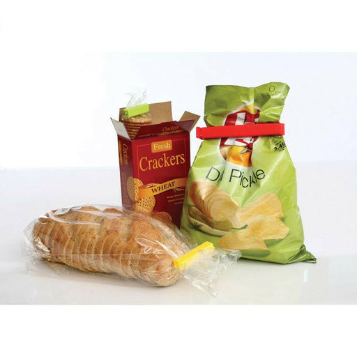 Twixit! Bag Clips - Set of 8 displayed with various snack bags, illustrating their use in keeping food fresh and organized. Ideal for kitchen and pantry storage.