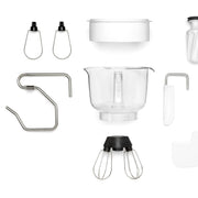 Ankarsrum | Stand Mixers in Store - Cloudy Pink: Complete accessory kit with mixing bowl, wire whisks, flat beaters, dough hooks, and splash guard for versatile kitchen use.