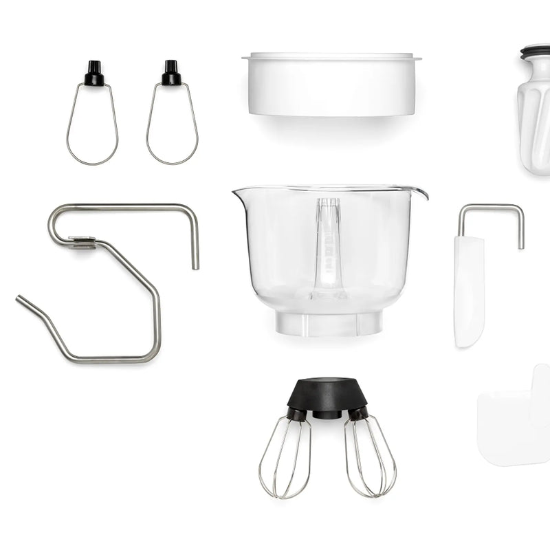 Ankarsrum | Stand Mixers in Store - Cloudy Pink: Complete accessory kit with mixing bowl, wire whisks, flat beaters, dough hooks, and splash guard for versatile kitchen use.