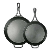 Lodge | Blacklock Skillets - Set of 2 | 10.25 & 12 - close-up of versatile, lightweight, triple seasoned cast-iron skillets with handles, ideal for diverse cooking needs.