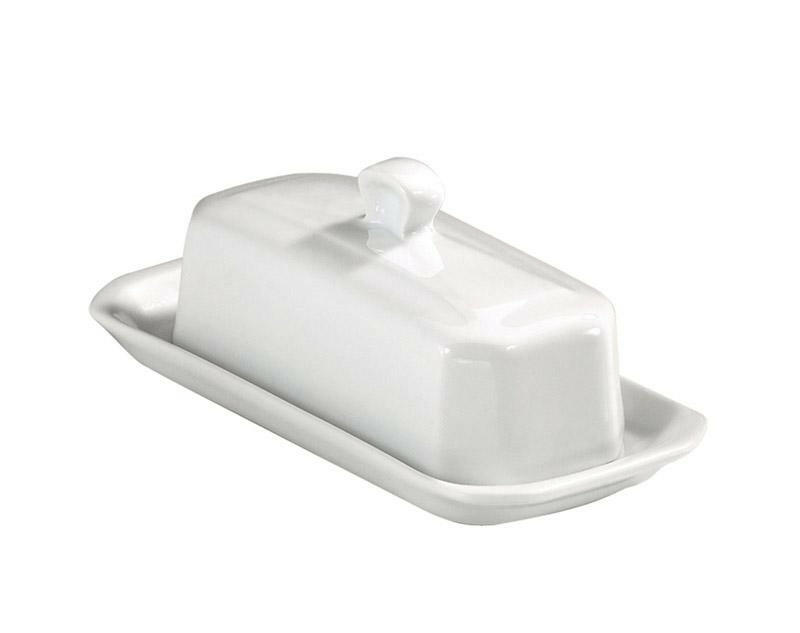 Pillivuyt Classic American style covered butter tray, heirloom-quality porcelain, hand-crafted with slight variations, 7.5 L x 3.75 W, designed for durability.