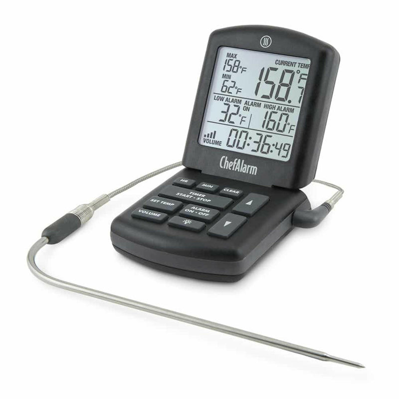 ThermoWorks | ChefAlarm Cooking Alarm Thermometer + Timer - Black, featuring large digits, backlight, and Pro-Series High Temp Cooking Probe for precise temperature tracking in professional kitchens.