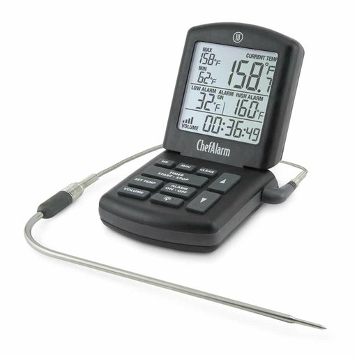 ThermoWorks | ChefAlarm Cooking Alarm Thermometer + Timer - Black, featuring large digits, backlight, and Pro-Series High Temp Cooking Probe for precise temperature tracking in professional kitchens.