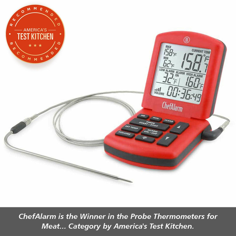 ThermoWorks | ChefAlarm Cooking Alarm Thermometer + Timer - Orange, displaying large digits, a backlight, and Pro-Series temperature probe designed for professional kitchen use.