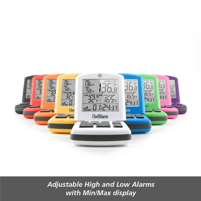 ThermoWorks | ChefAlarm Cooking Alarm Thermometer + Timer - Orange, with large digits and a backlight, ideal for precise temperature tracking in professional kitchens.