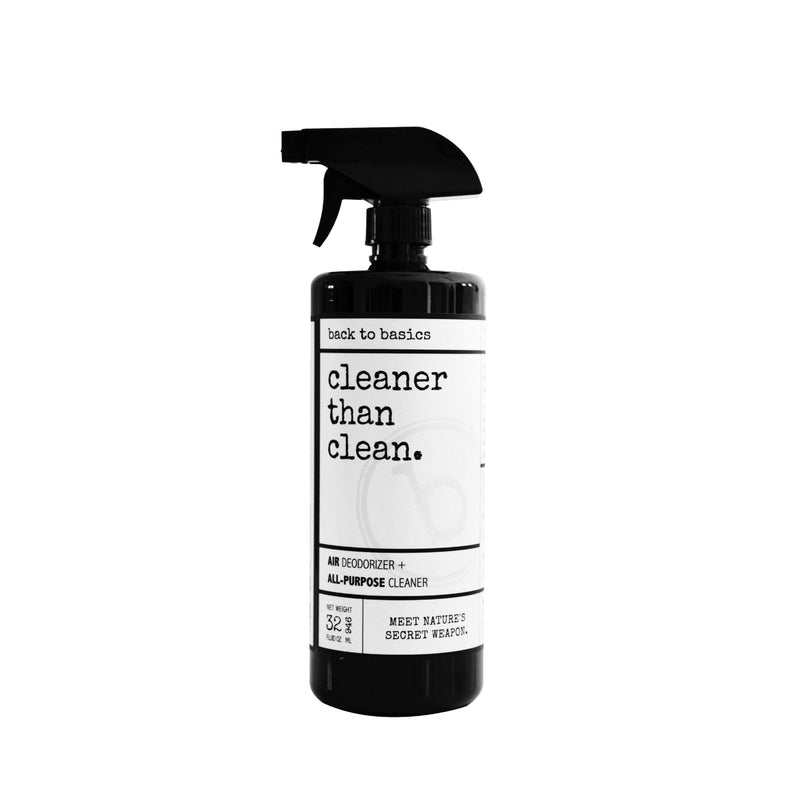 Back to Basics | Cleaner Than Clean - Gallon Refill, a versatile black spray bottle with a white label, ideal for safe, natural home cleaning solutions.