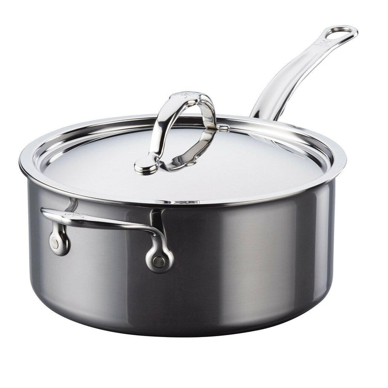 Hestan NanoBond | Cookware - 5qt Essential Pan + Lid features a stainless-steel sauté pan with ergonomic handles and a fitted lid, designed for durability and professional cooking.