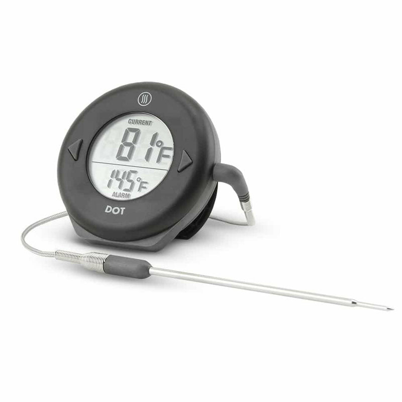 ThermoWorks DOT Simple Alarm Thermometer with a probe for precise temperature tracking in various cooking methods, featuring a sleek, practical design for professional kitchen use.