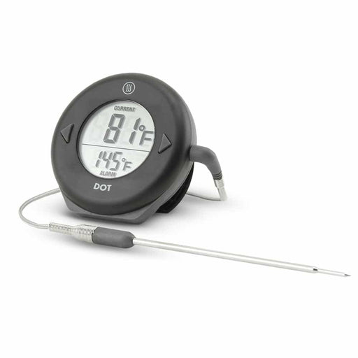 ThermoWorks DOT Simple Alarm Thermometer with a probe for precise temperature tracking in various cooking methods, featuring a sleek, practical design for professional kitchen use.