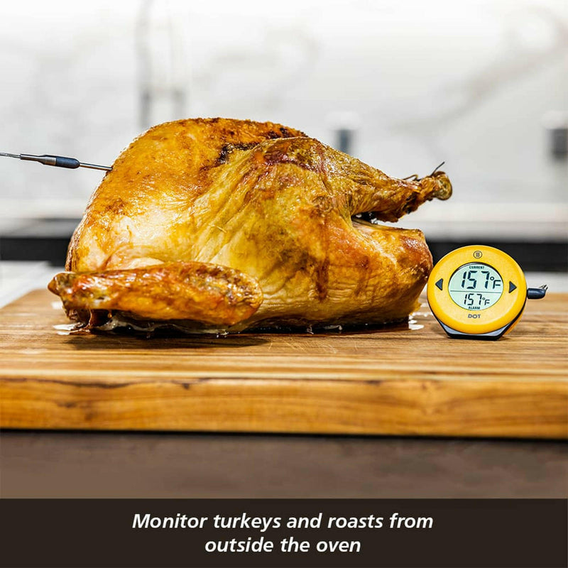 ThermoWorks | DOT Simple Alarm Thermometer - Yellow with a probe and large display, designed for precise temperature tracking in diverse cooking methods.
