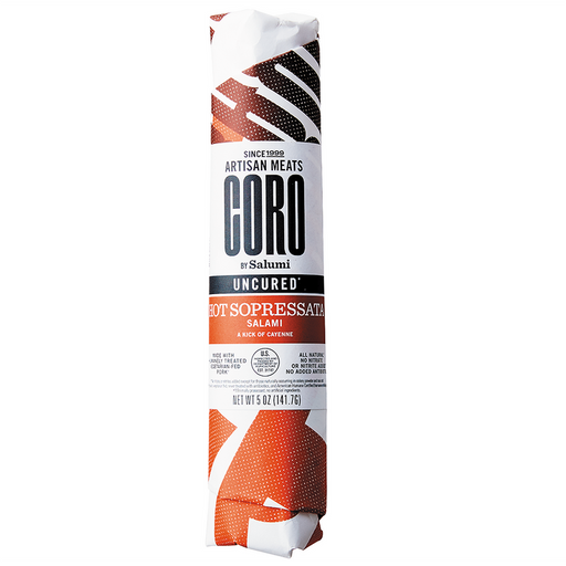Coro | Deli Sticks - Peppercorn - 5 oz, close-up on packaging and label, showcasing artisan salamis crafted from all-natural U.S. pork with bold, modern flavors.