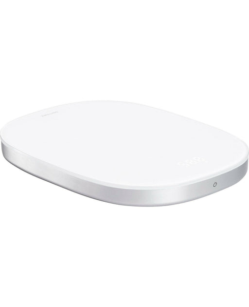 Zwilling Digital Kitchen Scale - Silver with seamless glass surface, concealed display, and tare function, ideal for precise measurements up to 22lb, includes rechargeable battery and USB cable.