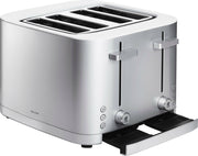 ZWILLING Enfinigy 4-Slot Toaster showcasing four slots, cool touch exterior, soft-lift feature, and removable crumb tray, ideal for evenly toasting various bread types.