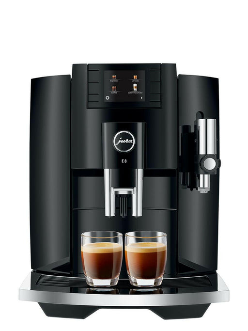 Jura | E8 - Fully Automatic Espresso + Coffee Machine - Piano Black, featuring a sleek design, Professional Aroma Grinder, and intuitive TFT display for versatile coffee preparation.