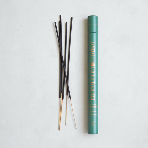 The Floral Society's Essential Oil Outdoor Incense features 19” punk wood sticks, ideal for outdoor gatherings, infused with insect-repelling essential oils like sage and cedarwood.