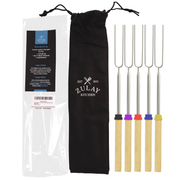 Zulay Kitchen | Extendable Marshmallow Roasting Sticks in packaging, showcasing telescopic design and wooden handles, ideal for safe, effective campfire cooking from Athens Cooks kitchen store.
