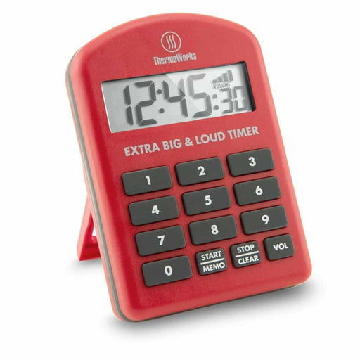 ThermoWorks | Extra Big & Loud Timer - Orange, featuring a numeric keypad, robust rubber buttons, and strong magnets for easy kitchen use. Ideal for noisy environments.