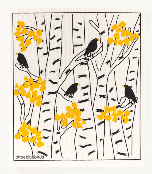 Three Bluebirds Swedish Dishcloth with a black bird design, ideal for sustainable kitchen cleaning, absorbing 20 times its weight, biodegradable, and reusable.