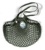 Filt | French Market Bags - Gold: Green net bag with label, ideal for carrying groceries like wine and produce, blending style with eco-friendly utility.