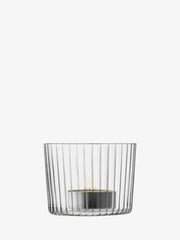 LSA International GIO Tealight Holder set of 4, featuring stylish linear texture, stackable design, and versatility as tumblers or dessert dishes, includes four votive candles.