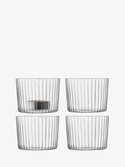 LSA International GIO Tealight Holder set of four fine-walled holders, stackable and versatile for candles, nuts, or desserts, ideal for elegant dining and decor.